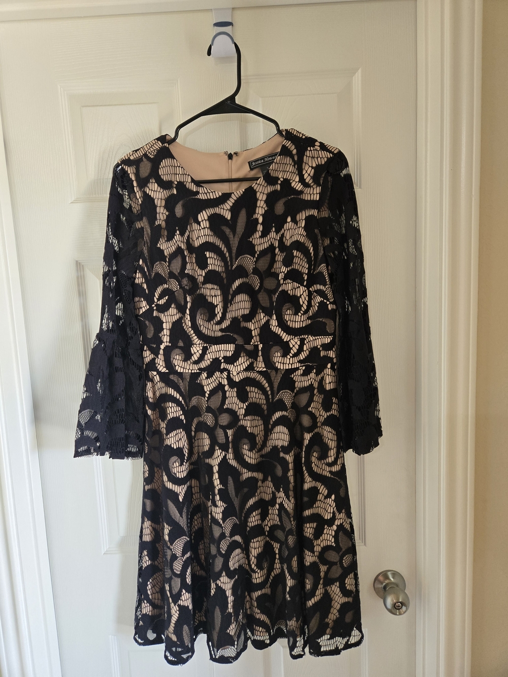Jessica Howard Black Lace Overlay on Nude Midi Dress